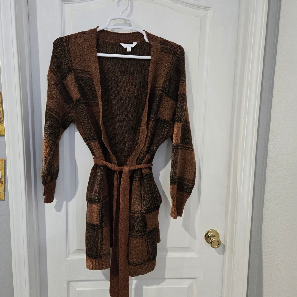 Time and Tru Cardigan Womens Large Brown Plaid Tie Waist Belted Knit cozy rustic